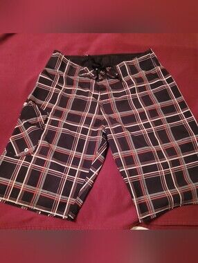 Boys Quiksilver Black Plaid Swim Trunks with Red and White Accents